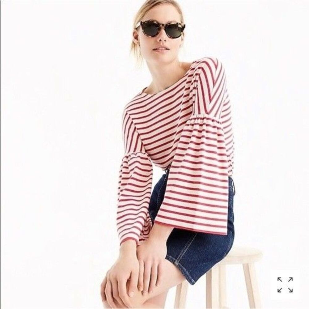 NWT J. CREW Striped Bell Sleeve T-shirt Blouse Top Red Poppy Sz L Cotton Boho